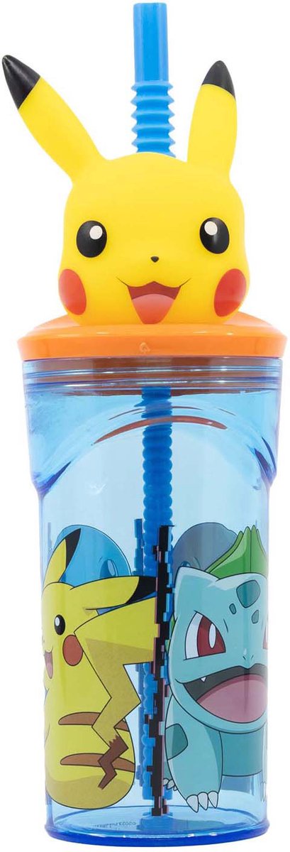 Stor pokémon drinkbeker met rietje – 360 ml – herbruikbaar – met 3d-figuur – bpa-vrij – tumbler voor kinderen vanaf 4 jaar – transparant blauw
