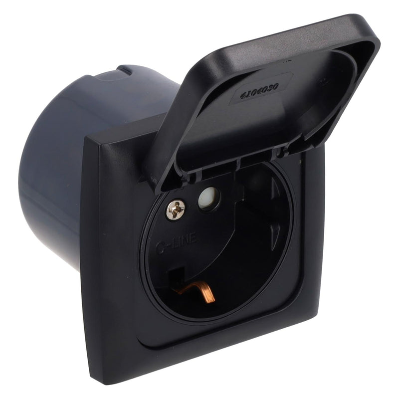 Toma de pared C-line 230v con tapa abatible + marco protector opal negro - sin embalaje de venta