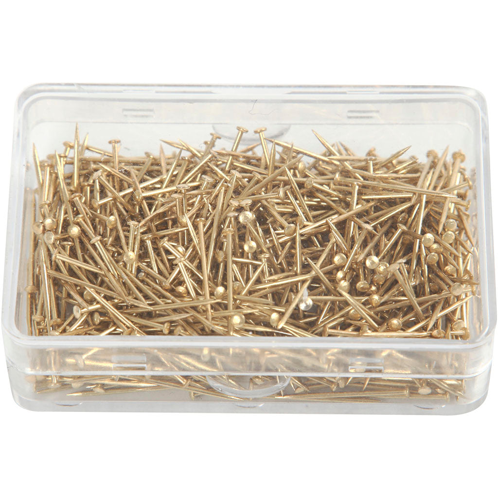 Alfileres con cabeza de la empresa Creativ, L: 16 mm, grosor 0,65 mm, aprox. 500 piezas, oro, 35 g 1 caja