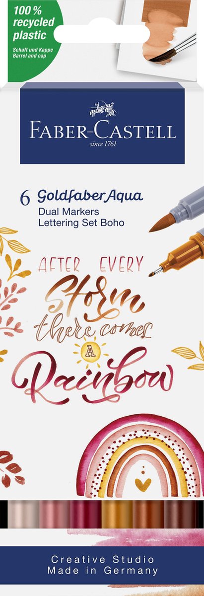 Faber-castell - pennarello acquerellabile duo - goldfaber - custodia 6 pezzi - set scritte boho - pennello 0,6 mm - fc-164518