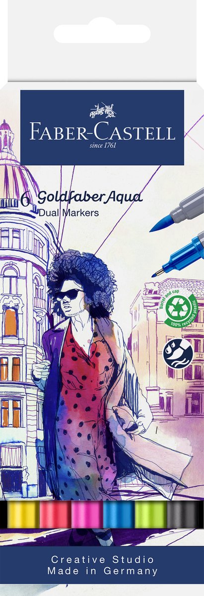 Faber-castell - duo pennarello per acquerello goldfaber - set di 6 pezzi - pennello 0,6 mm - fc-164606
