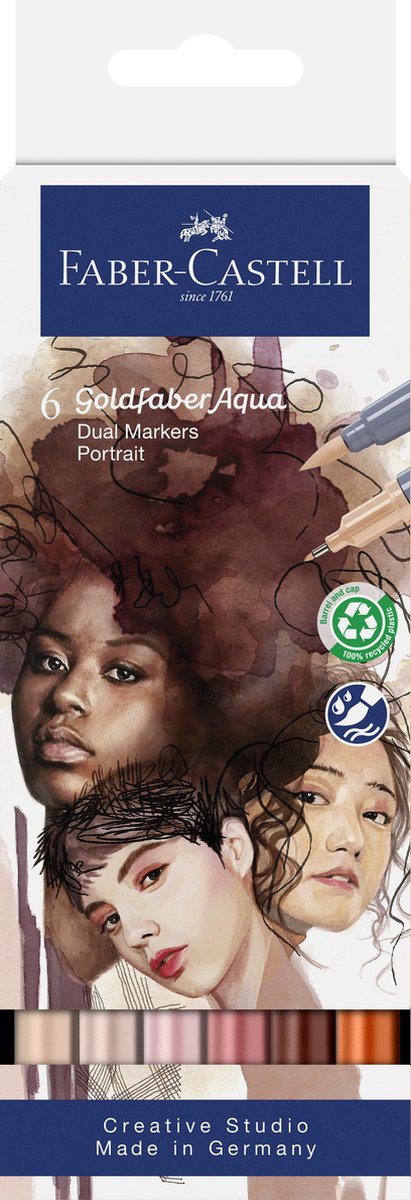 Faber-castell - duo pennarello per acquerello goldfaber - set 6 pezzi ritratto - pennello 0,6 mm - fc-164523