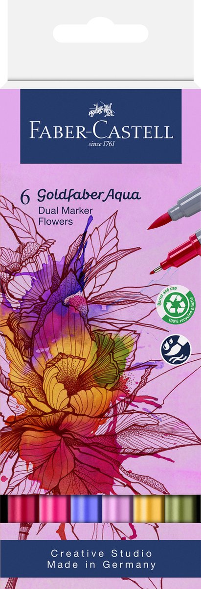 Faber-castell - pennarello acquerellabile duo - goldfaber - custodia 6 pezzi - fiori - pennello 0,6 mm - fc-164527