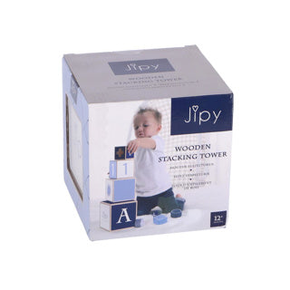 Jipy impilando torre blu legno