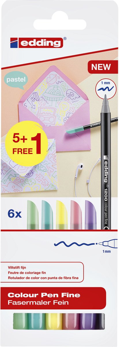 Edding 1200 - fijne viltstiften in pastelkleuren - set van 6 kleuren - back to school