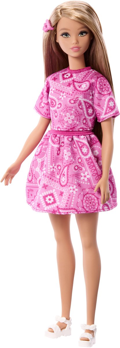 Stile Barbie fashionistas: bambola con gonna rosa con motivi cachemire e capelli biondi
