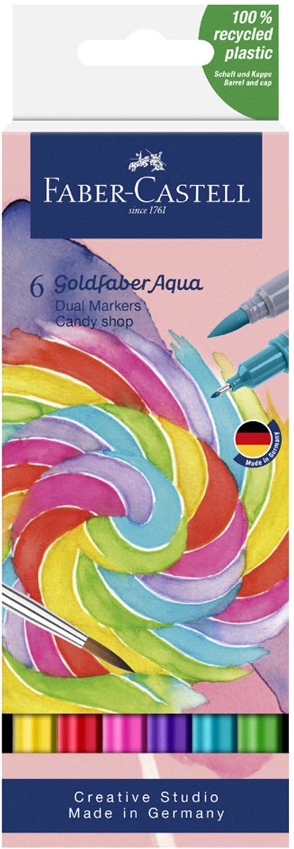 Faber-castell - duo pennarello acquerello goldfaber - astuccio 6 pezzi candy shop - pennello 0,6 mm - fc-164528