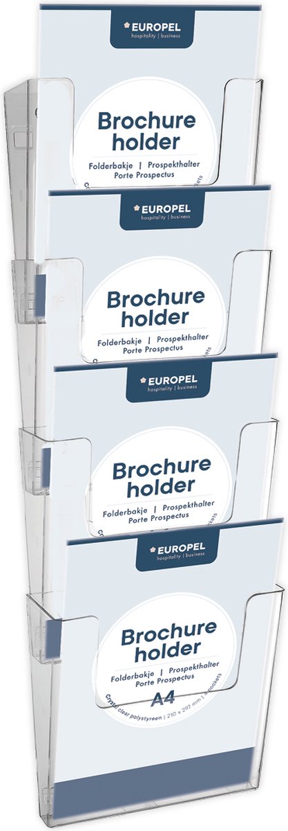 Bandejas para folletos Europel múltiples - folletos, carpetas, tarjetas de visita - 4x A4 vertical - 21 x 29,7 cm - presentación transparente - ferias y oficinas - 4 piezas separadas para montaje en pared y puede arreglar usted mismo