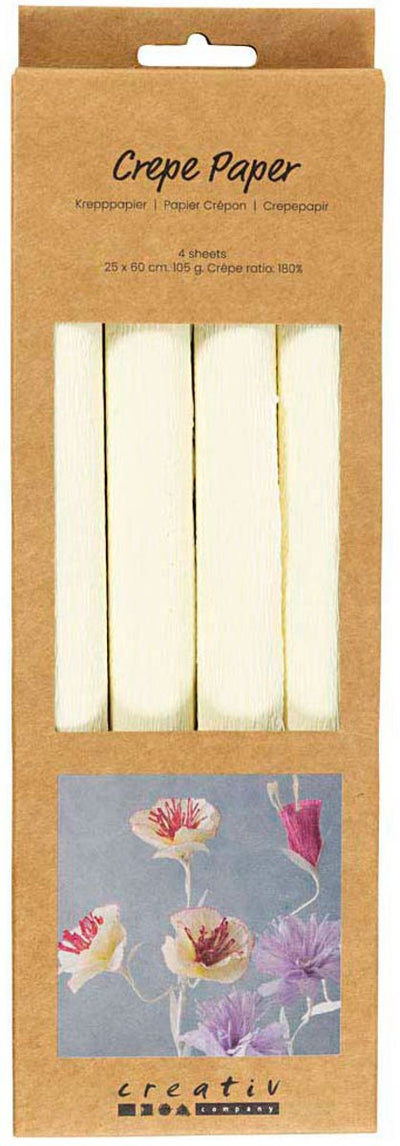 Carta crespata Creativ Company, foglio 25x60 cm, rapporto crespata: 180%, 105 gr, bianco sporco, 4 fogli 1 scatola