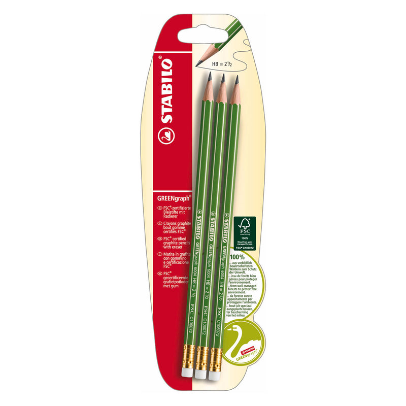 Lápices de grafito Stabilo greengraph hb - 3 uds. con borrador