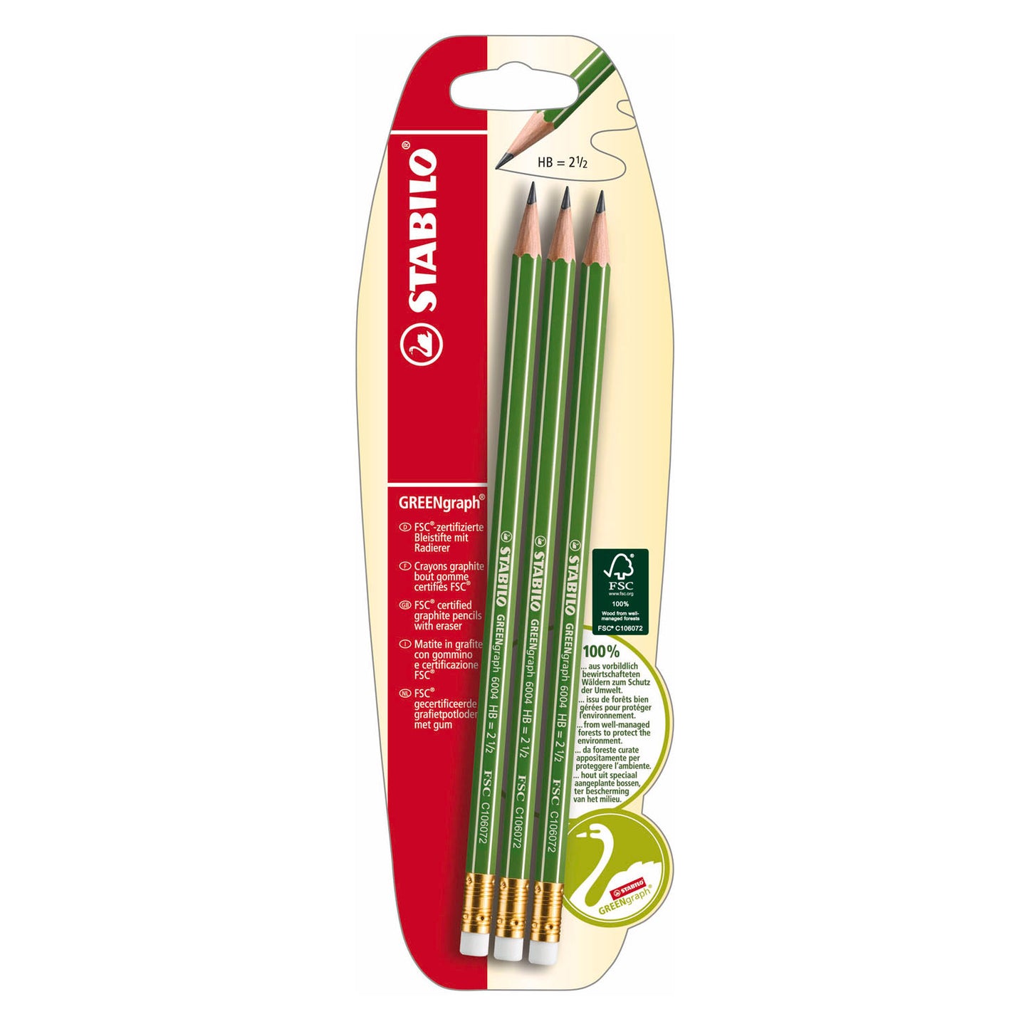 Matite in grafite Stabilo greengraph hb - 3 pz. con gomma