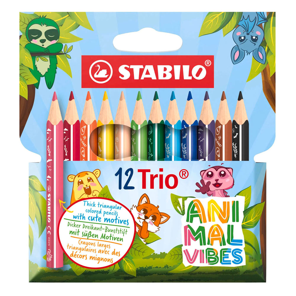 Stabilo trio Thick - Matite colorate triangolari con nucleo extra spesso - Animal Vibes - Astuccio con 12 colori