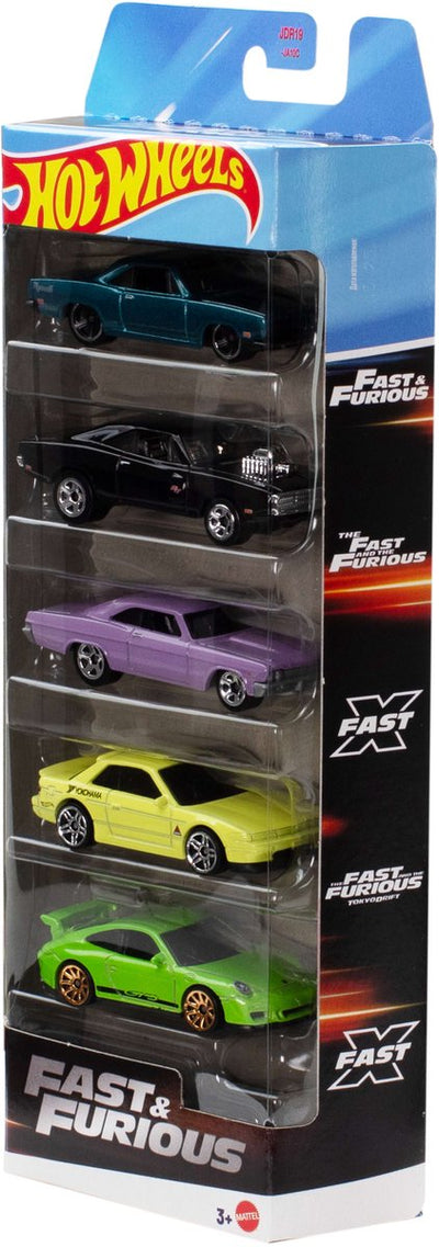 Hot Wheels Fast Furious, set di 5 macchinine da corsa giocattolo in metallo, ispirate e viste nei film, scala 1:64
