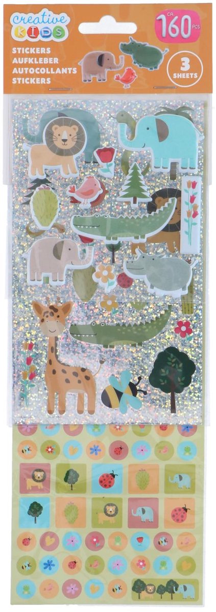 Creative kids stickers set - 160 stuks - stickers kinderen dieren - 3 vellen stickers knutselen - stickers decoratie