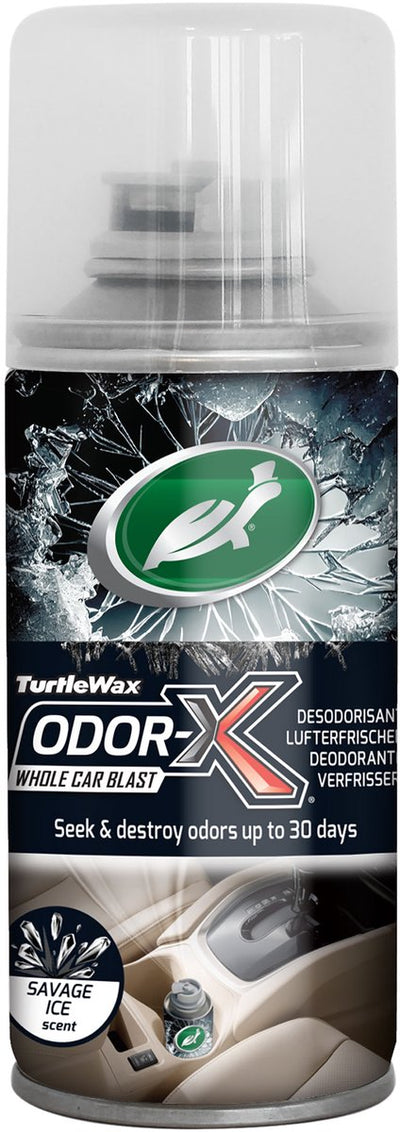 Turtle Wax Odor-x Car Blast Fogger Savage Ice - Eliminador de olores todo en uno - Para textiles, alfombras, techos interiores y sistemas de ventilación - Elimina los olores profundamente absorbidos - Deja un aroma fresco y masculino - 100 ml