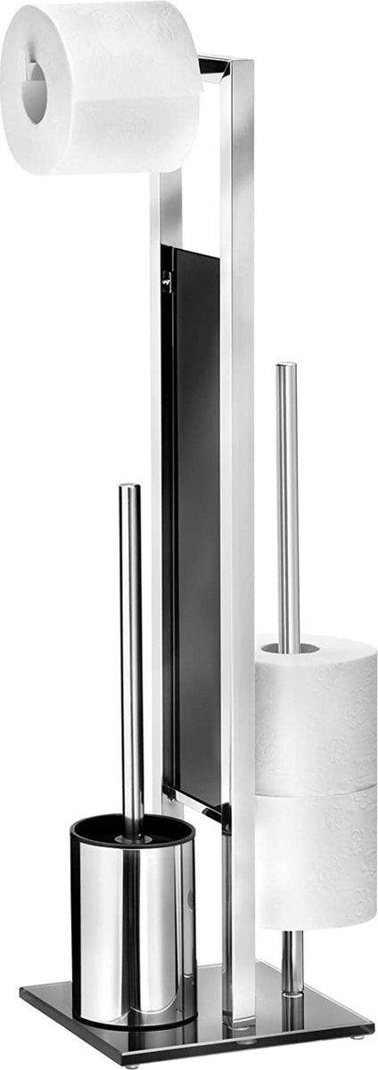 Portawater Wenko rivalta in acciaio inox lucido - scopino per WC con supporto, portarotolo e portarotolo di riserva autoportante
