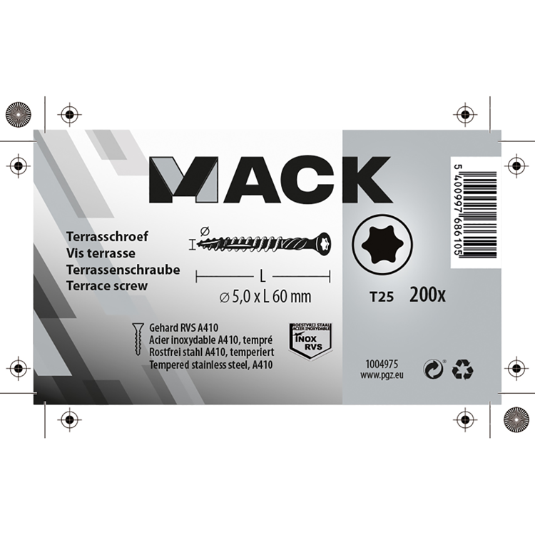 Mack 1004975 - tornillo para patio ss410 200uds5.0 4.0x60mm | 6 piezas