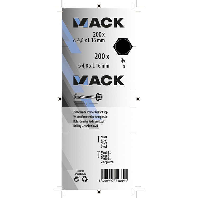 Mack 1007021 - tornillo hexagonal autoperforante 200 200 uds 4,8x16mm | 5 piezas