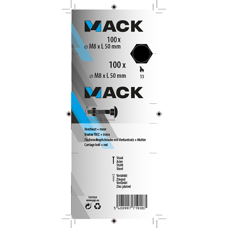 Mack 1007060 - perno madera + tuerca galvanizado 100 uds 8 x 50 mm | 2 piezas
