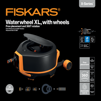 Fiskars 1071996 - enrollador de manguera automático xl con ruedas incl, manguera de jardín de 20 m | 1 pieza