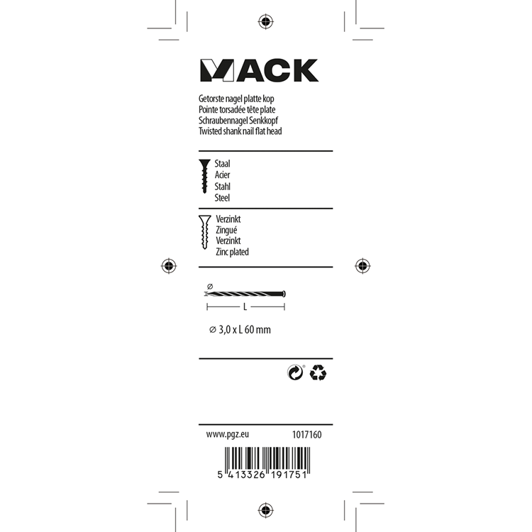 Mack 1017160 - clavo torcido pk galvanizado 135gr 3,0 x 60 mm | 5 piezas