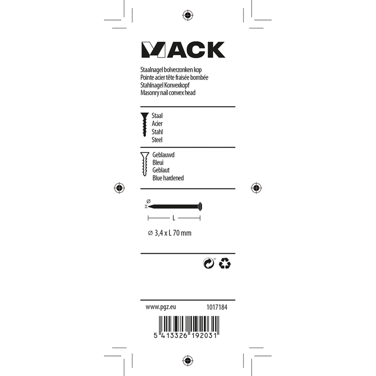 Mack 1017184 - clavo de acero bvk acero pavonado 45 gr 3,4 x 70 mm | 10 piezas