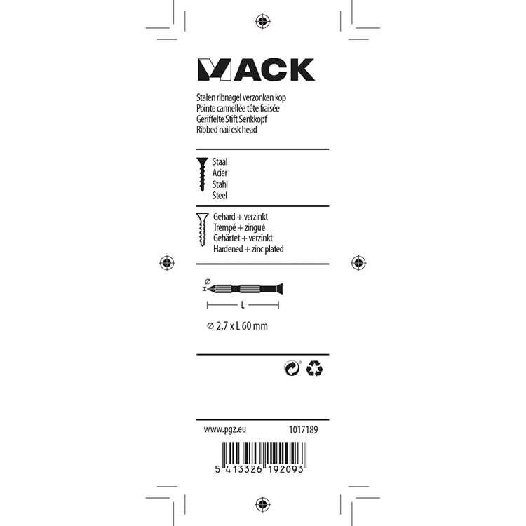 Mack 1017189 - clavo para costillas de acero uk st. endurecido + galvanizado 14 piezas 2,7 x 60 mm | 10 piezas