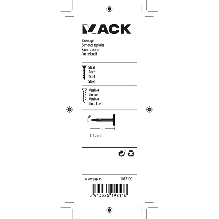 Mack 1017190 - bloque clavo acero galvanizado 50 gr12 mm | 10 piezas