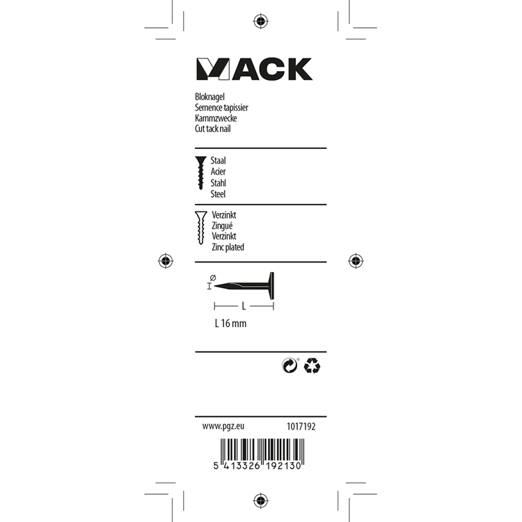 Mack 1017192 - bloque clavo acero galvanizado 50 gr16 mm | 10 piezas