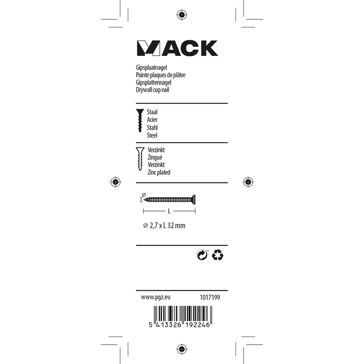 Mack 1017199 - Clavo para placas de yeso acero galvanizado 100 gr 2,7 x 32 mm | 5 piezas