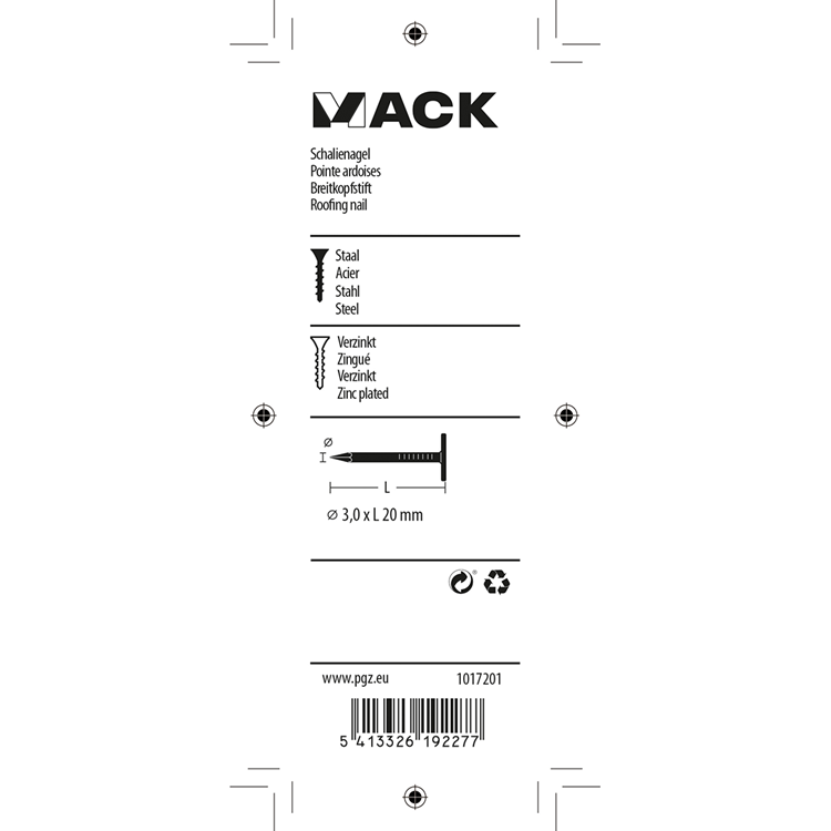 Mack 1017201 - clavo de esquisto de acero galvanizado 100 gr 3,0 x 20 mm | 5 piezas