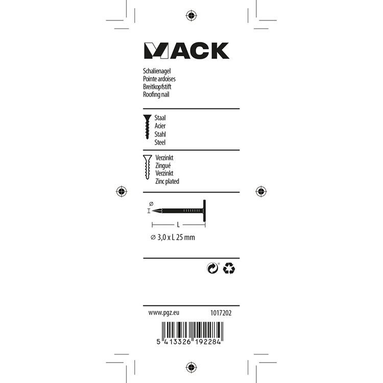 Mack 1017202 - clavo de esquisto de acero galvanizado 100 gr 3,0 x 25 mm | 5 piezas