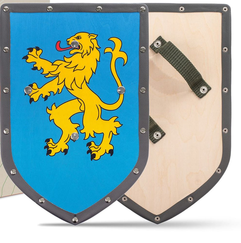 Escudo de madera amaderado león azul. 26x39