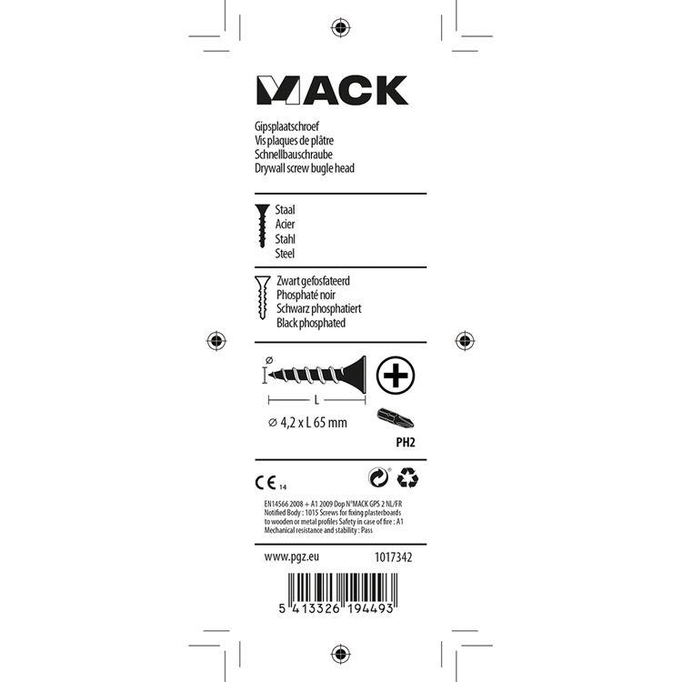 Mack 1017342 - tornillo para placas de yeso fosfatado negro. 12 piezas 4,2 x 65 mm | 10 piezas