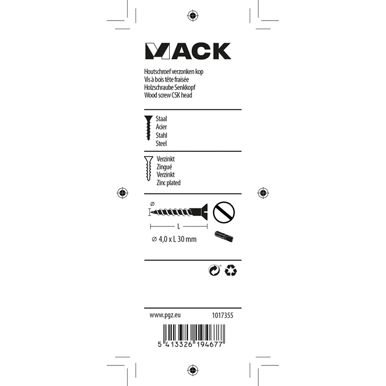 Mack 1017355 - tornillo para madera cabeza avellanada galvanizado 17 piezas 4,0 x 30 mm | 10 piezas