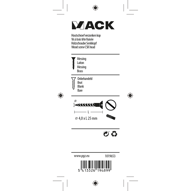 Mack 1019653 - tornillo para madera cabeza avellanada latón 9 piezas 4,0 x 25 mm | 10 piezas