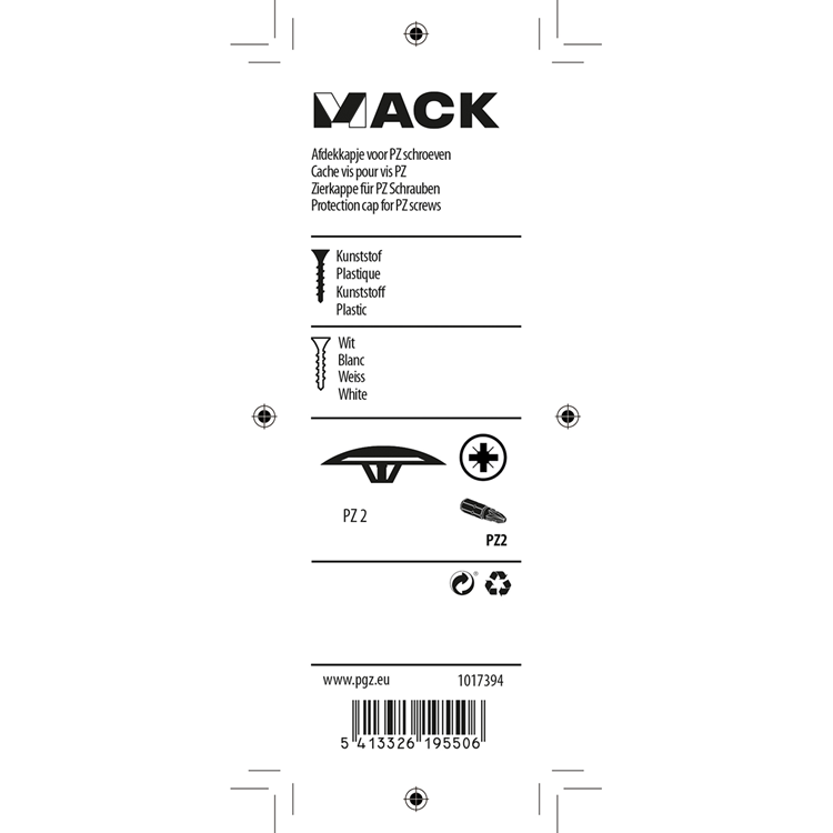 Mack 1017394 - cover cap for pz screw plastic white 40 pcs pz 2 | 10 pieces