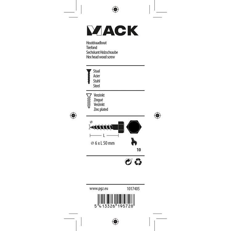 Mack 1017405 - perno roscado para madera acero galvanizado 9 piezas 6 x 50 mm | 10 piezas