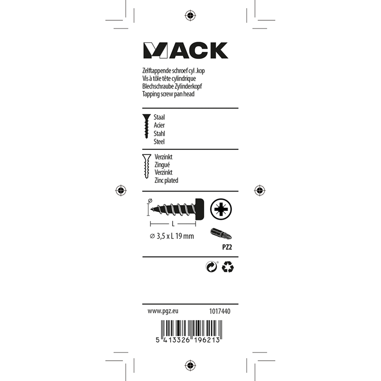 Mack 1017440 - tornillo autorroscante cabeza cilíndrica galv. 25 piezas 3,5 x 19 mm | 10 piezas