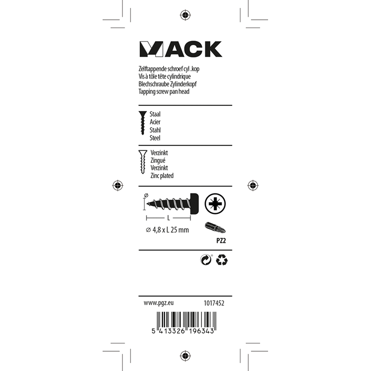Mack 1017452 - tornillo autorroscante cabeza cilíndrica galv. 12 piezas 4,8 x 25 mm | 10 piezas