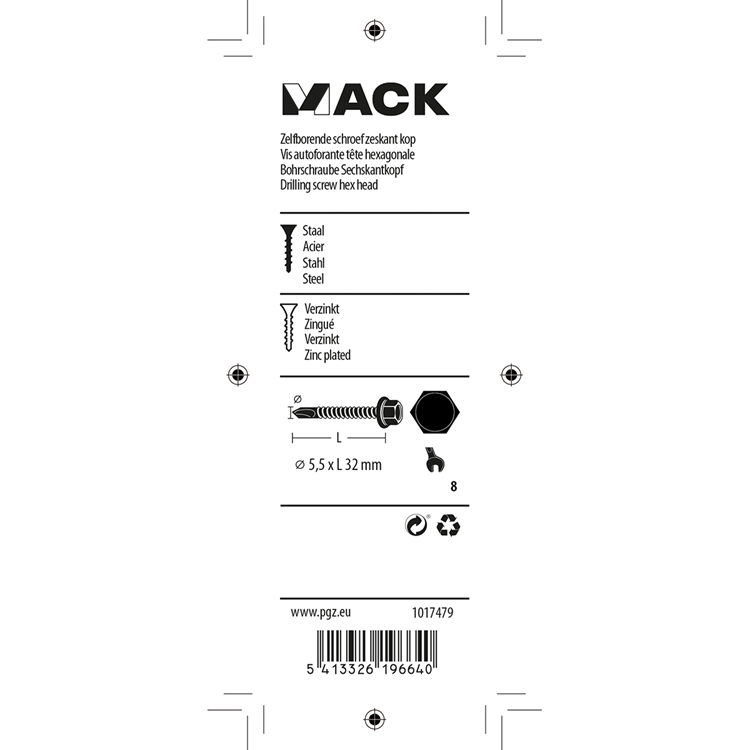 Mack 1017479 - tornillo hexagonal autoperforante. cabeza galvanizada. 14 piezas 5,5 x 32 mm | 5 piezas