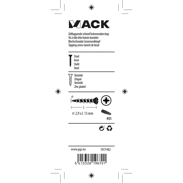Mack 1017482 - tornillo autorroscante bvk galvanizado 38 piezas 2,9 x 13 mm | 10 piezas