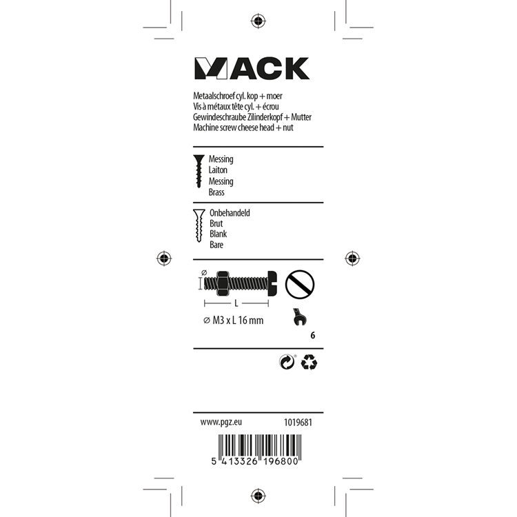 Mack 1019681 - tornillo metal culata + tuerca latón 8uds m3 x 16 mm | 10 piezas