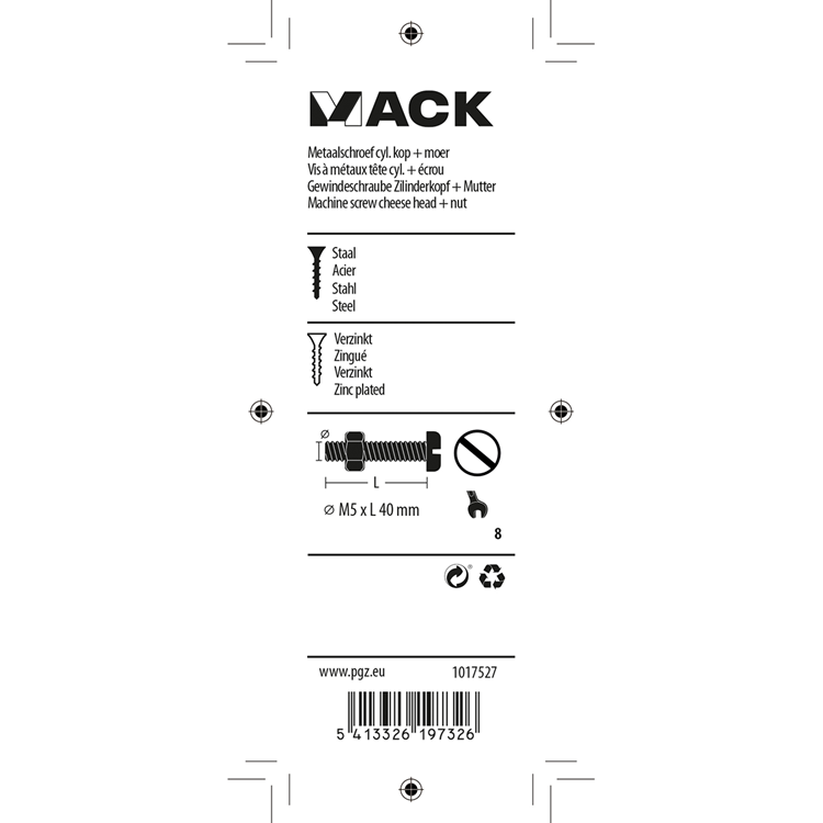 Mack 1017527 - cilindro de tornillo metálico. cabeza + tuerca chapada 10 piezas m5 x 40 mm | 10 piezas
