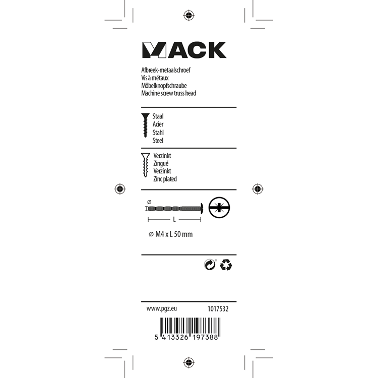 Mack 1017532 - tornillo metálico desmontable galvanizado. 4 piezas m4 x 50 mm | 10 piezas