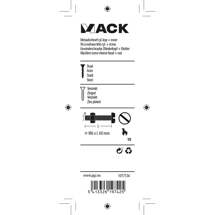 Mack 1017536 - cilindro de tornillo metálico. cabeza + tuerca chapada 4 piezas m6 x 60 mm | 10 piezas