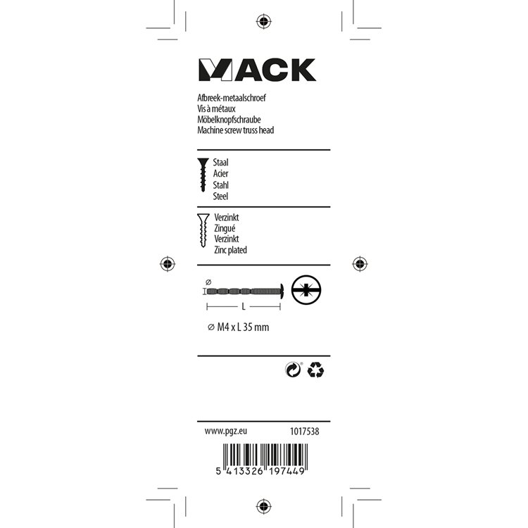 Mack 1017538 - tornillo metálico desmontable galvanizado. 4 piezas m4 x 35 mm | 10 piezas
