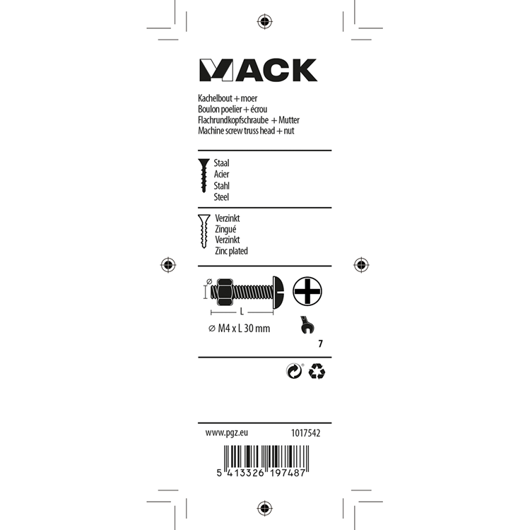 Mack 1017542 - perno calentador + tuerca acero galvanizado 16 piezas m4 x 30 mm | 10 piezas