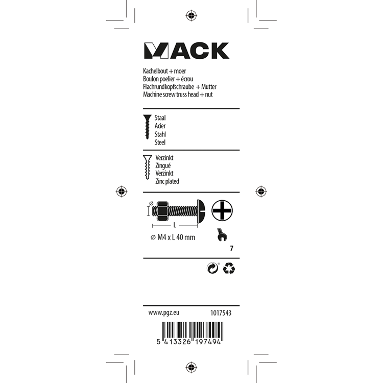 Mack 1017543 - perno calentador + tuerca acero galvanizado 14 piezas m4 x 40 mm | 10 piezas