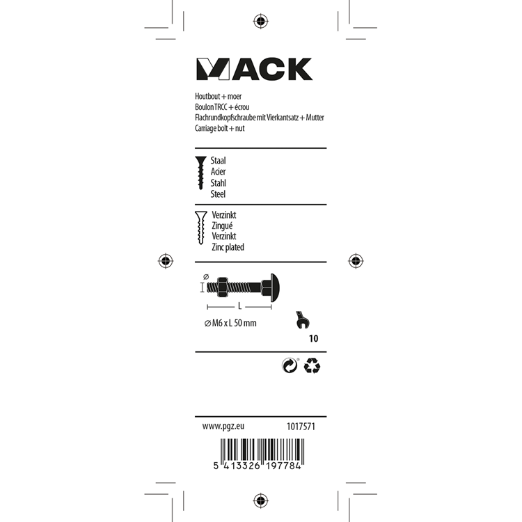 Mack 1017571 - perno para madera + tuerca acero galvanizado 7 piezas m6 x 50 mm | 5 piezas